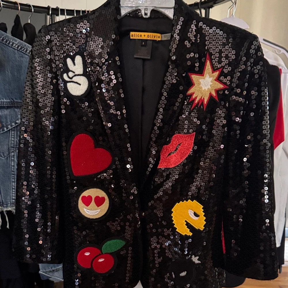 Alice + Olivia Black Sequin Blazer with Colorful Patch Motifs - Picture 1 of 4